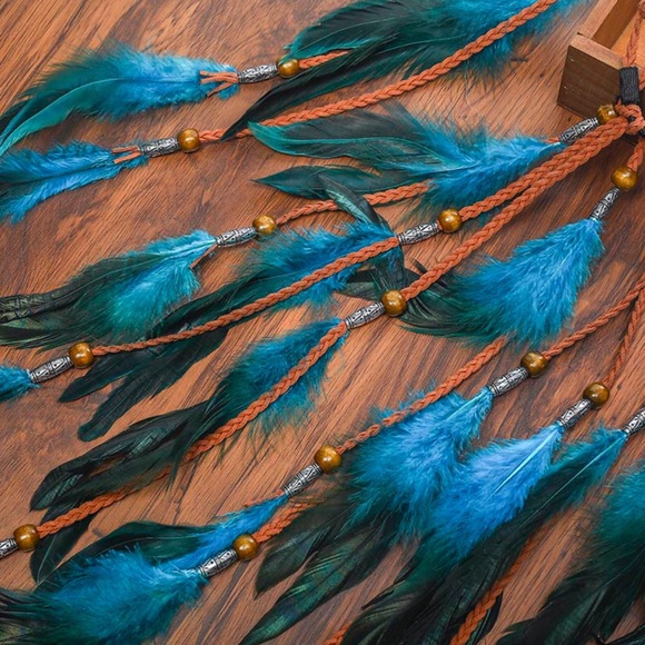 Bohemian Long Blue Feather Headdress Headband - Picture 4 of 14